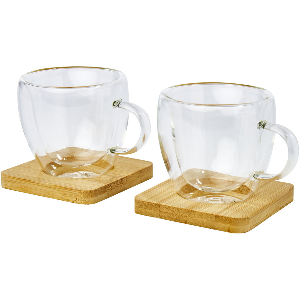 Set di 2 tazze in vetro a doppia parete da 100 ml con sottobicchiere in bambù Manti personalizzato con logo - Pubblienne