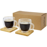 Set di 2 tazze in vetro a doppia parete da 250 ml con sottobicchiere in bambù Manti personalizzato con logo - Pubblienne