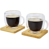 Set di 2 tazze in vetro a doppia parete da 250 ml con sottobicchiere in bambù Manti personalizzato con logo - Pubblienne