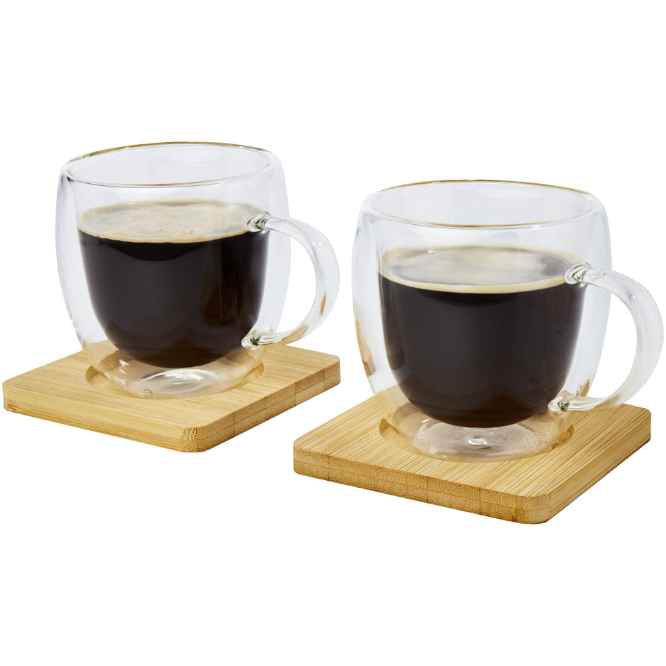 Set di 2 tazze in vetro a doppia parete da 250 ml con sottobicchiere in bambù Manti personalizzato con logo - Pubblienne