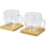 Set di 2 tazze in vetro a doppia parete da 250 ml con sottobicchiere in bambù Manti personalizzato con logo - Pubblienne