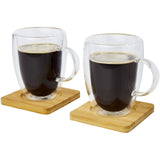 Set di 2 tazze in vetro a doppia parete da 350 ml con sottobicchiere in bambù Manti personalizzato con logo - Pubblienne