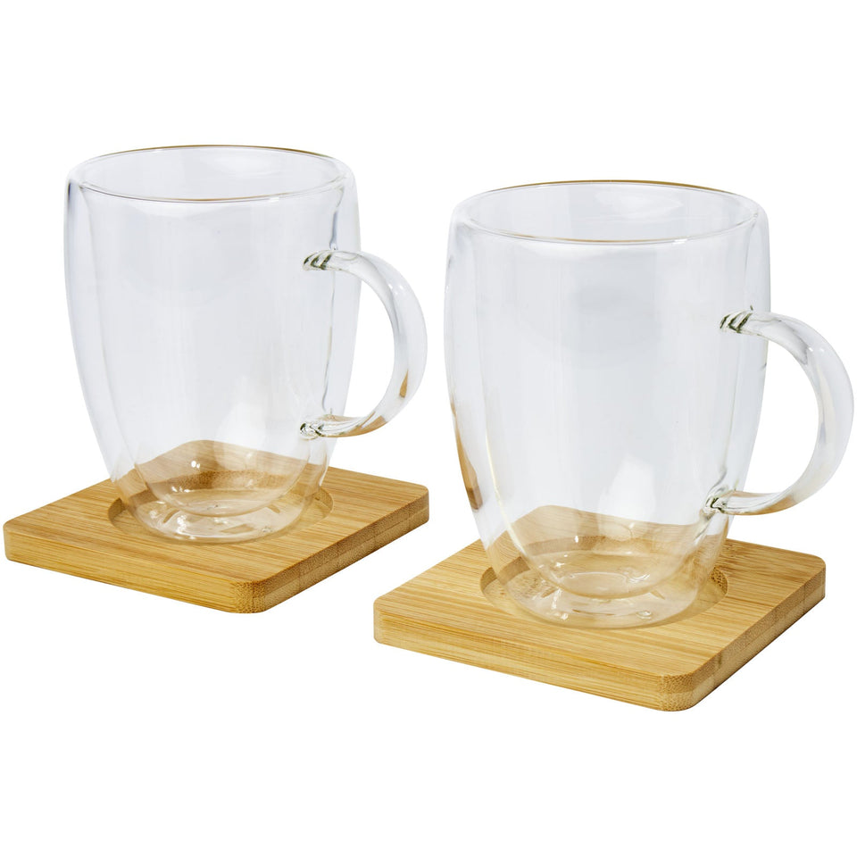 Set di 2 tazze in vetro a doppia parete da 350 ml con sottobicchiere in bambù Manti personalizzato con logo - Pubblienne