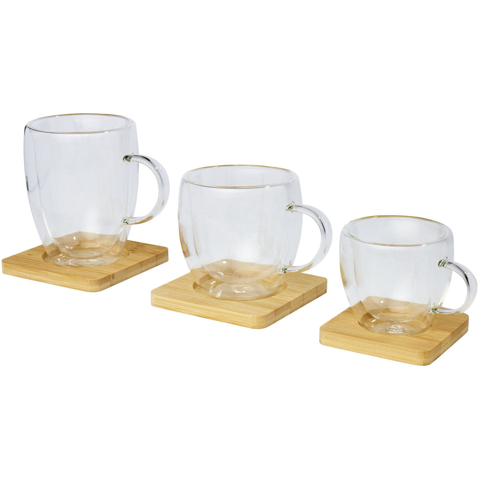 Set di 2 tazze in vetro a doppia parete da 350 ml con sottobicchiere in bambù Manti personalizzato con logo - Pubblienne