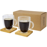 Set di 2 tazze in vetro a doppia parete da 350 ml con sottobicchiere in bambù Manti personalizzato con logo - Pubblienne