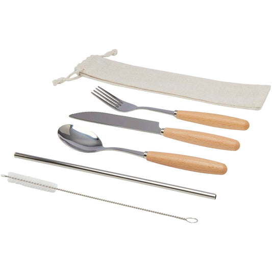 Set di posate da 5 pezzi in acciaio inossidabile e legno di faggio Root personalizzato con logo - Pubblienne