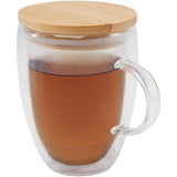 Tazza in vetro da 350 ml con coperchio in bambù Leona personalizzato con logo - Pubblienne