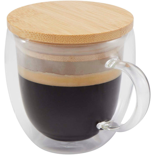 Tazza in vetro da 250 ml con coperchio in bambù Lenora personalizzato con logo - Pubblienne