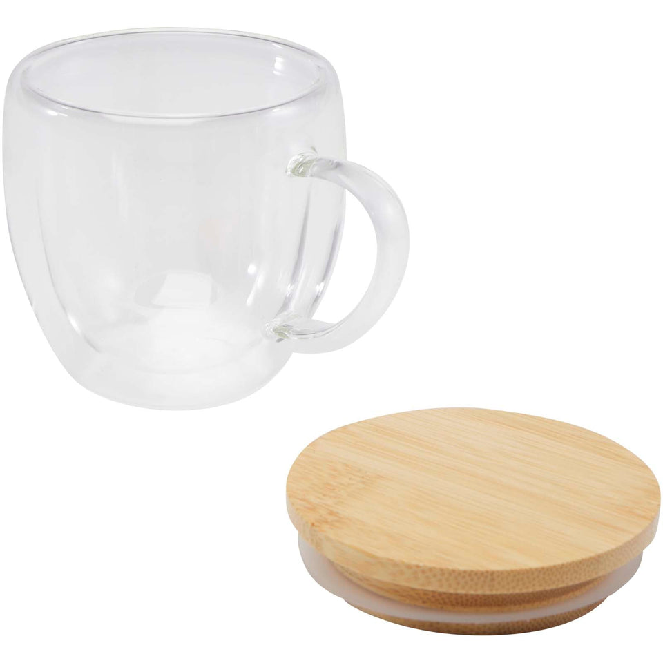 Tazza in vetro da 250 ml con coperchio in bambù Lenora personalizzato con logo - Pubblienne