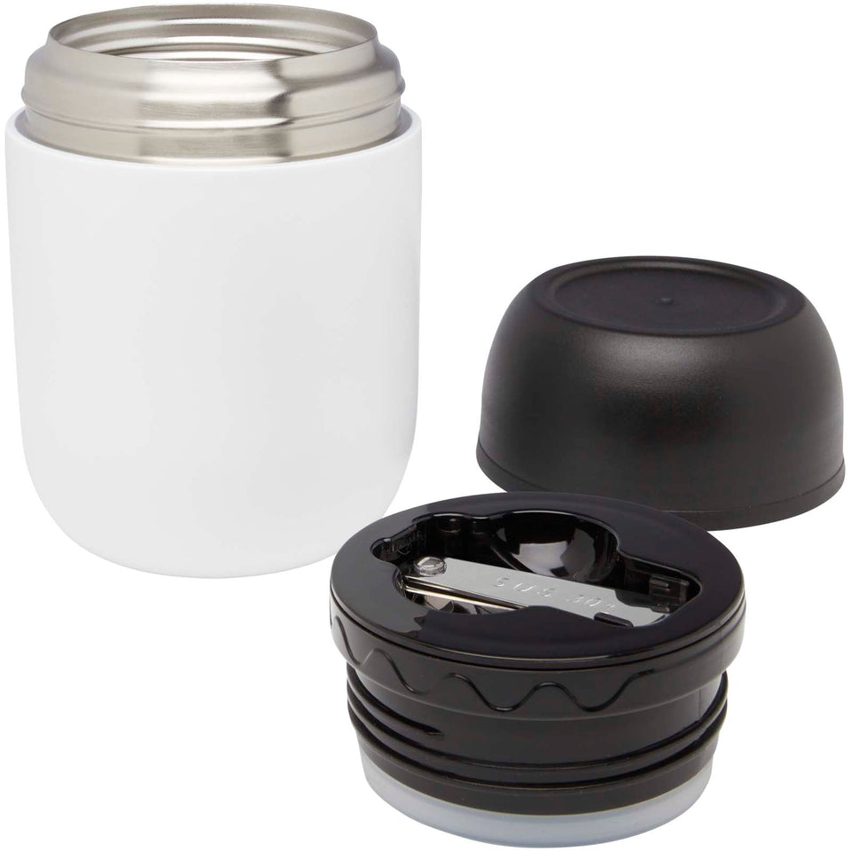 Portavivande in acciaio inossidabile riciclato a doppia parete da 480 ml con cucchiaio pieghevole Supo personalizzato con logo - Pubblienne
