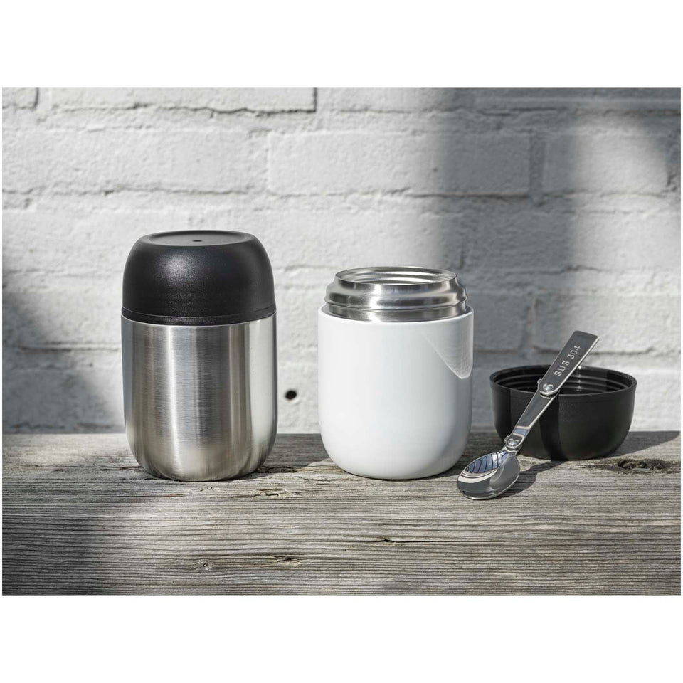 Portavivande in acciaio inossidabile riciclato a doppia parete da 480 ml con cucchiaio pieghevole Supo personalizzato con logo - Pubblienne