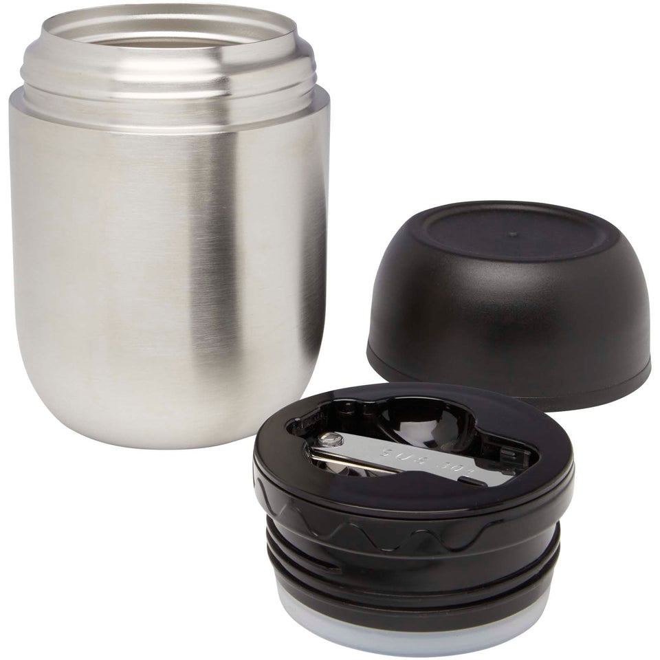 Portavivande in acciaio inossidabile riciclato a doppia parete da 480 ml con cucchiaio pieghevole Supo personalizzato con logo - Pubblienne