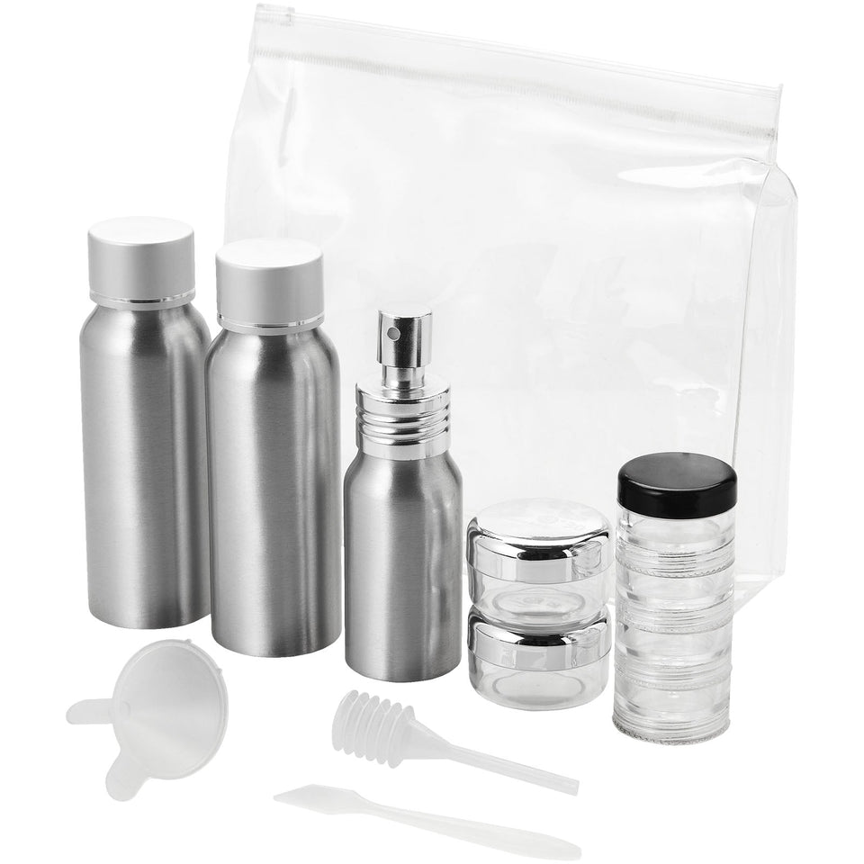 Set di flaconi da viaggio in alluminio Traveler approvati dalle compagnie aeree personalizzato con logo - Pubblienne