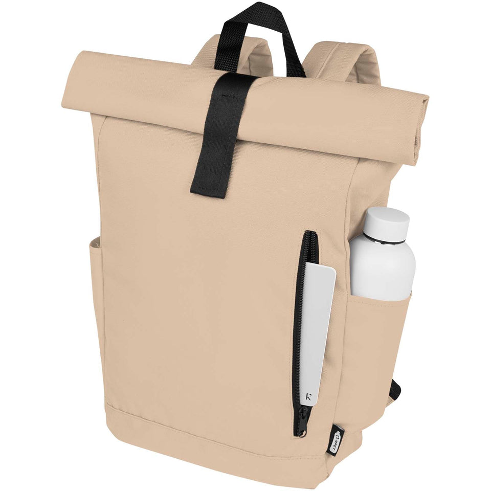Zaino con chiusura arrotolabile per portatile da 15,6" in PET riciclato certificato GRS Byron 18L personalizzato con logo - Pubblienne