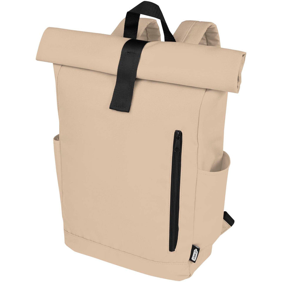 Zaino con chiusura arrotolabile per portatile da 15,6" in PET riciclato certificato GRS Byron 18L personalizzato con logo - Pubblienne