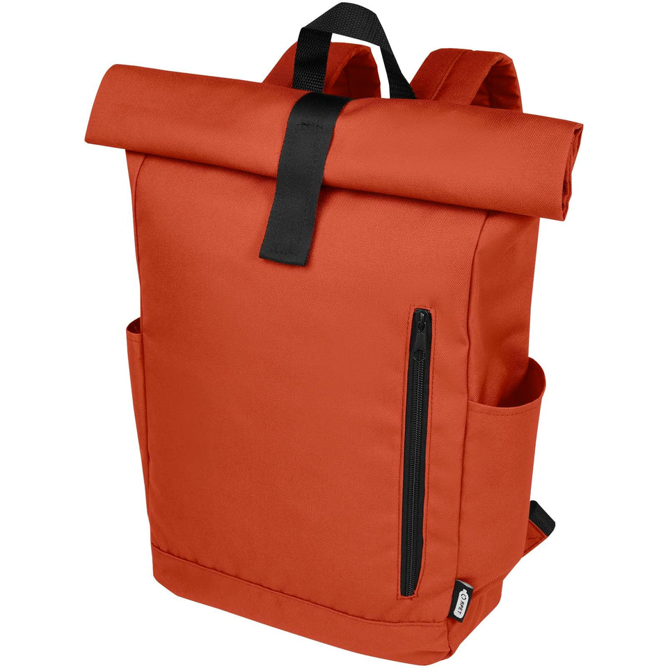 Zaino con chiusura arrotolabile per portatile da 15,6" in PET riciclato certificato GRS Byron 18L personalizzato con logo - Pubblienne