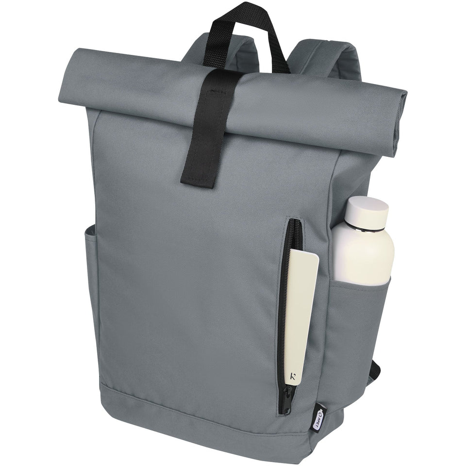 Zaino con chiusura arrotolabile per portatile da 15,6" in PET riciclato certificato GRS Byron 18L personalizzato con logo - Pubblienne