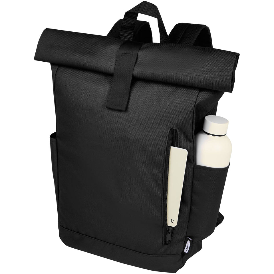 Zaino con chiusura arrotolabile per portatile da 15,6" in PET riciclato certificato GRS Byron 18L personalizzato con logo - Pubblienne