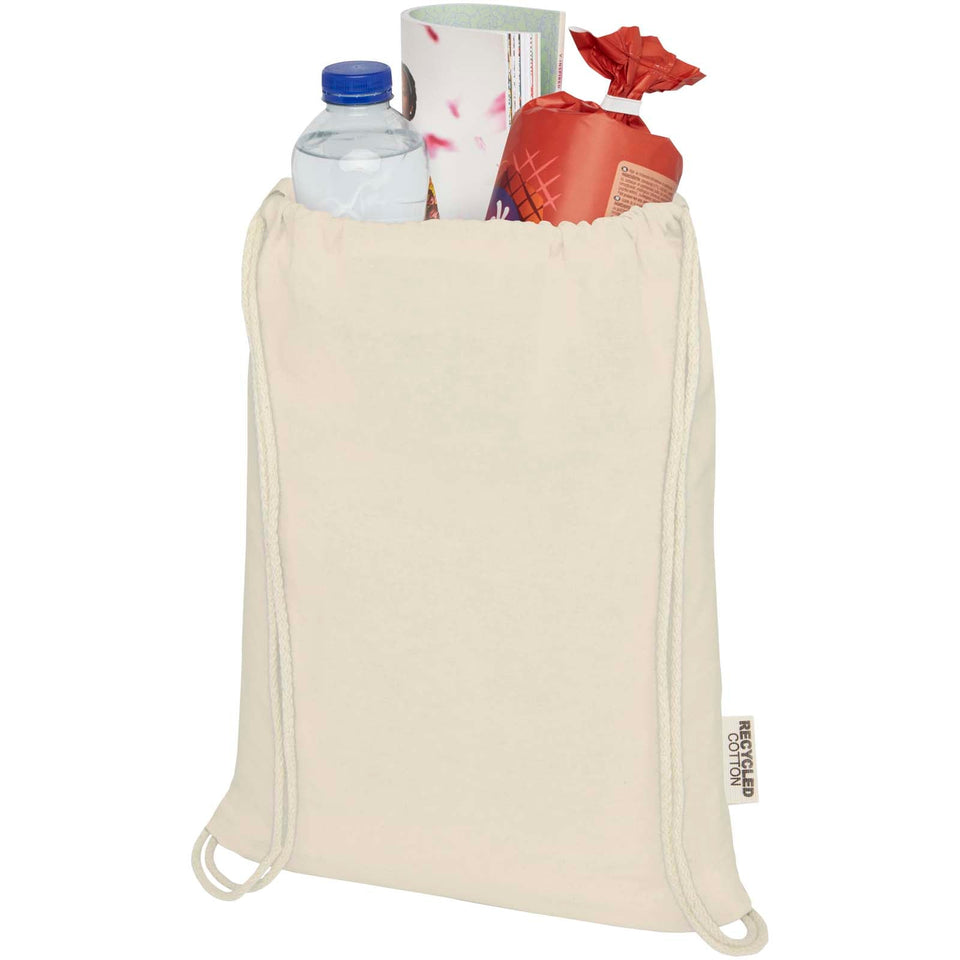 Borsa con cordoncino in cotone riciclato certificato GRS da 140 g/m² Oregon personalizzato con logo - Pubblienne