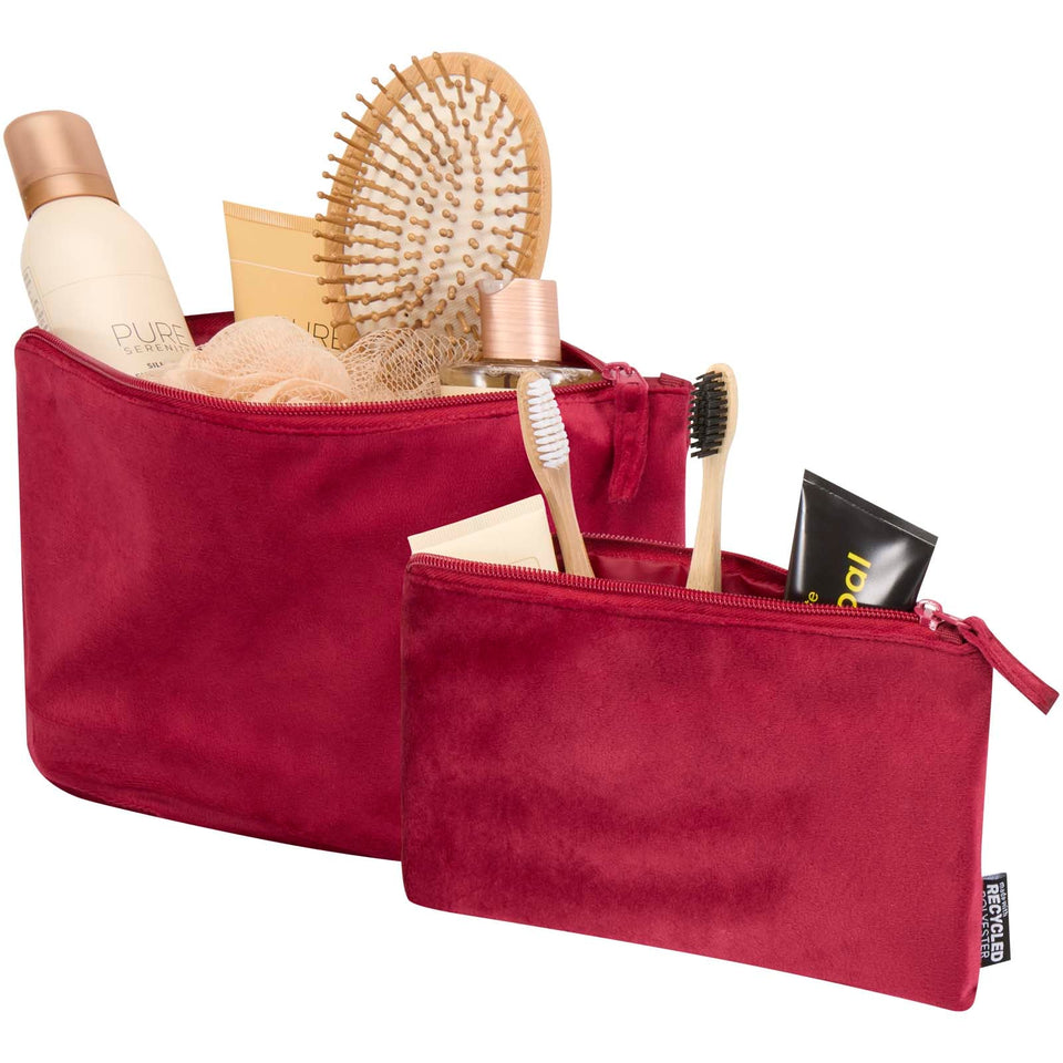 Set di beauty case in velluto riciclato certificato GRS Swift personalizzato con logo - Pubblienne