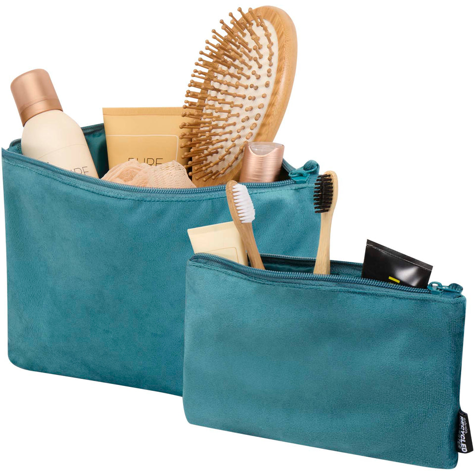 Set di beauty case in velluto riciclato certificato GRS Swift personalizzato con logo - Pubblienne