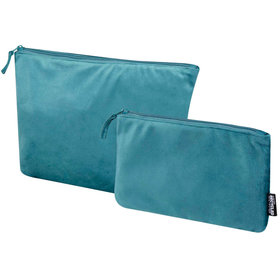 Set di beauty case in velluto riciclato certificato GRS Swift personalizzato con logo - Pubblienne
