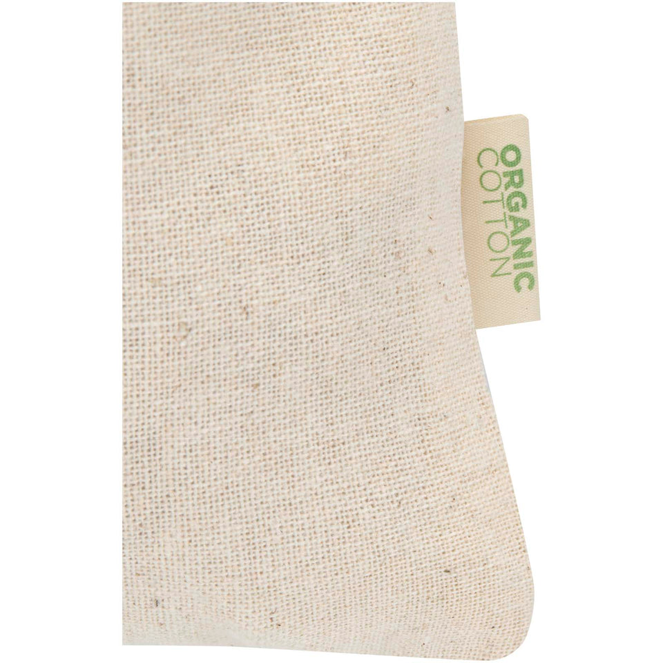 Sacchetto per confezione regalo in tessuto biologico da 140 g/m² certificato OCS, 15 x 10 cm Odisha personalizzato con logo - Pubblienne