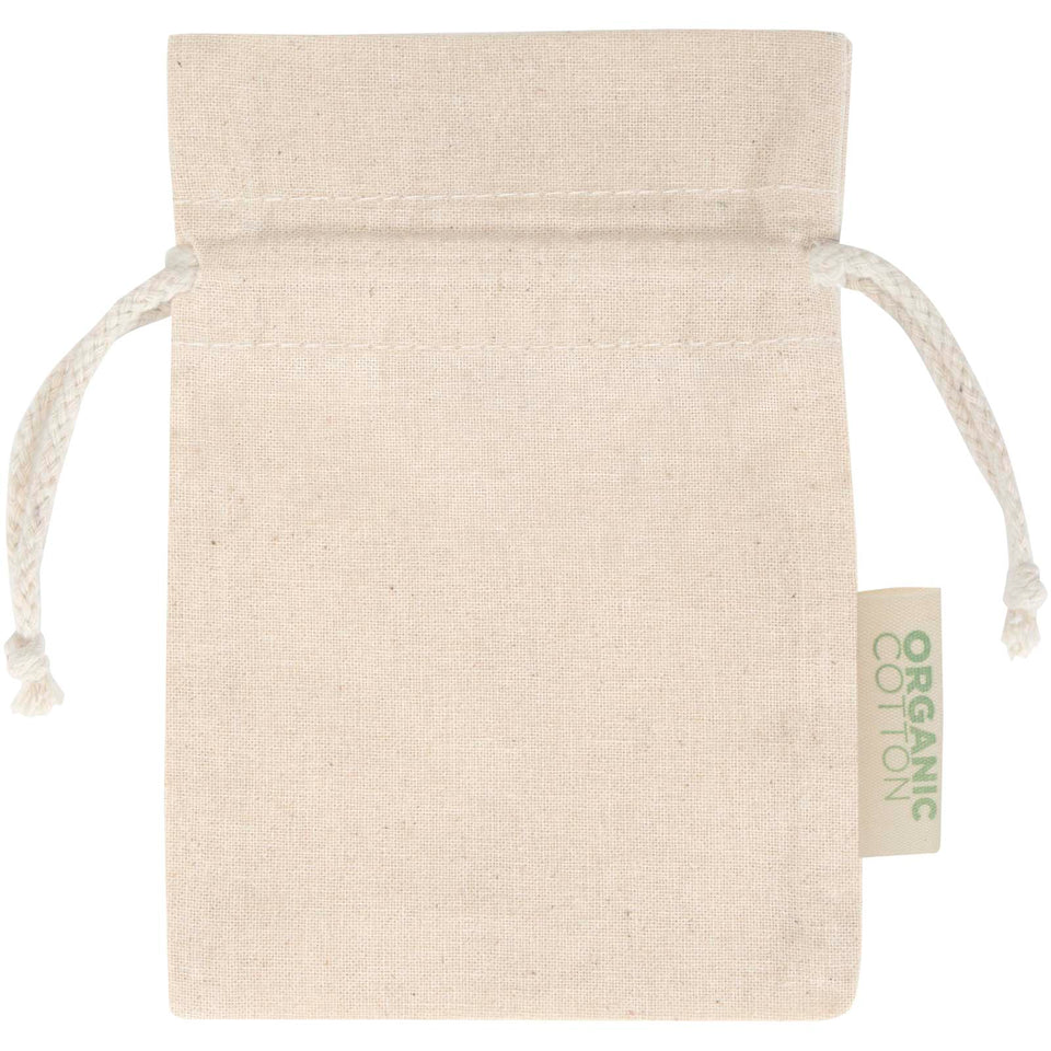 Sacchetto per confezione regalo in tessuto biologico da 140 g/m² certificato OCS, 15 x 10 cm Odisha personalizzato con logo - Pubblienne