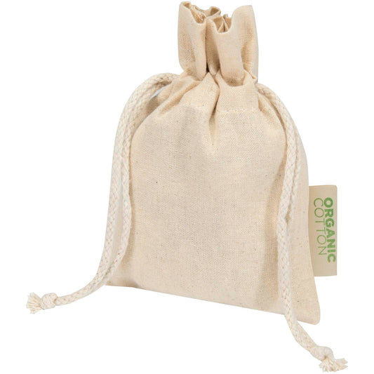 Sacchetto per confezione regalo in tessuto biologico da 140 g/m² certificato OCS, 15 x 10 cm Odisha personalizzato con logo - Pubblienne