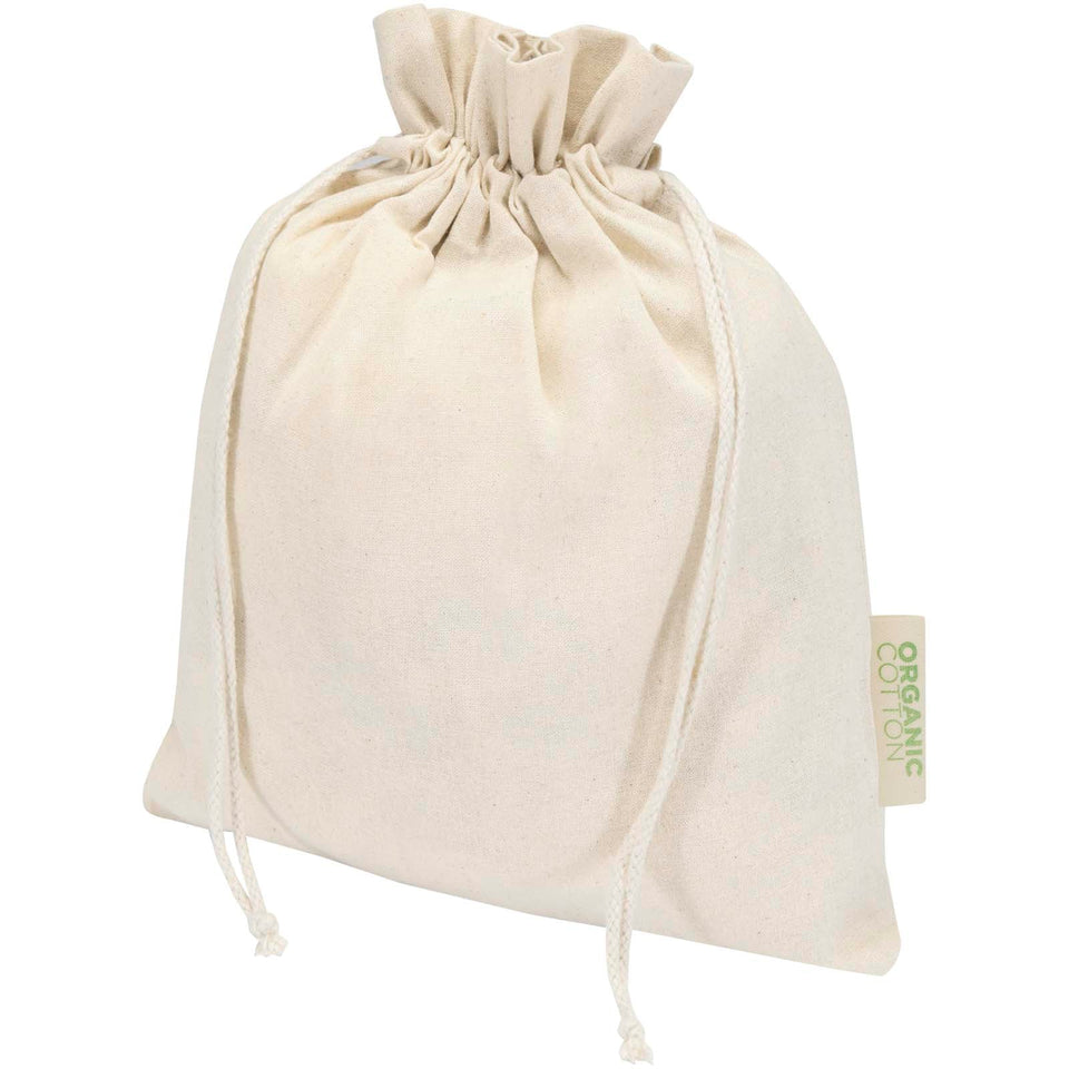 Sacchetto per confezione regalo in tessuto biologico da 140 g/m² certificato OCS, 30 x 25 cm Odisha personalizzato con logo - Pubblienne