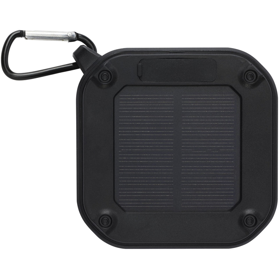Speaker Bluetooth® IPX5 a ricarica solare in plastica riciclata RCS da 3 W con moschettone Solo personalizzato con logo - Pubblienne
