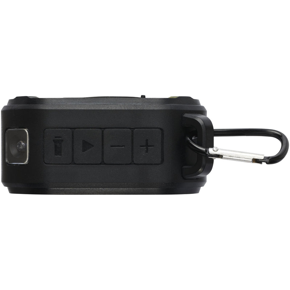 Speaker Bluetooth® IPX5 a ricarica solare in plastica riciclata RCS da 3 W con moschettone Solo personalizzato con logo - Pubblienne