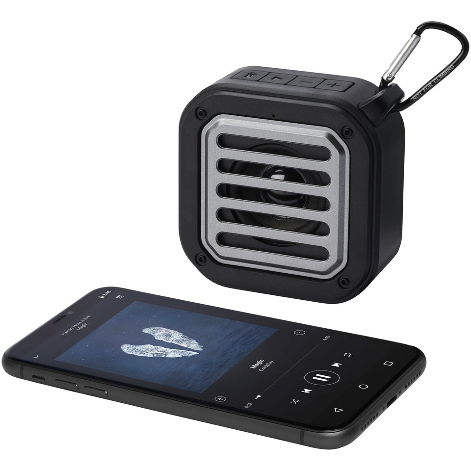 Speaker Bluetooth® IPX5 a ricarica solare in plastica riciclata RCS da 3 W con moschettone Solo personalizzato con logo - Pubblienne