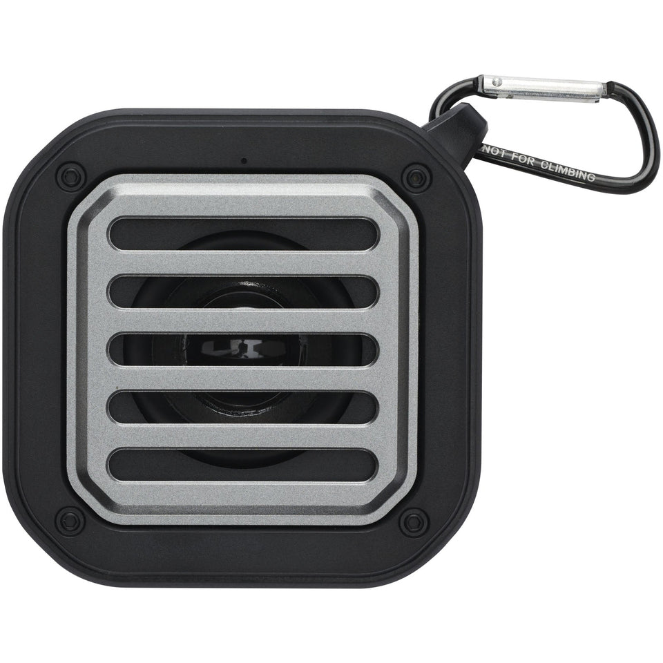 Speaker Bluetooth® IPX5 a ricarica solare in plastica riciclata RCS da 3 W con moschettone Solo personalizzato con logo - Pubblienne