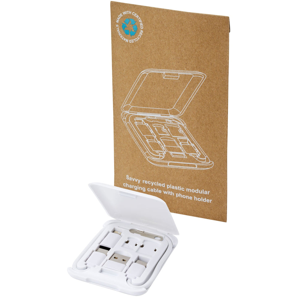 Cavo di ricarica modulare in plastica riciclata con supporto per telefono Savvy personalizzato con logo - Pubblienne