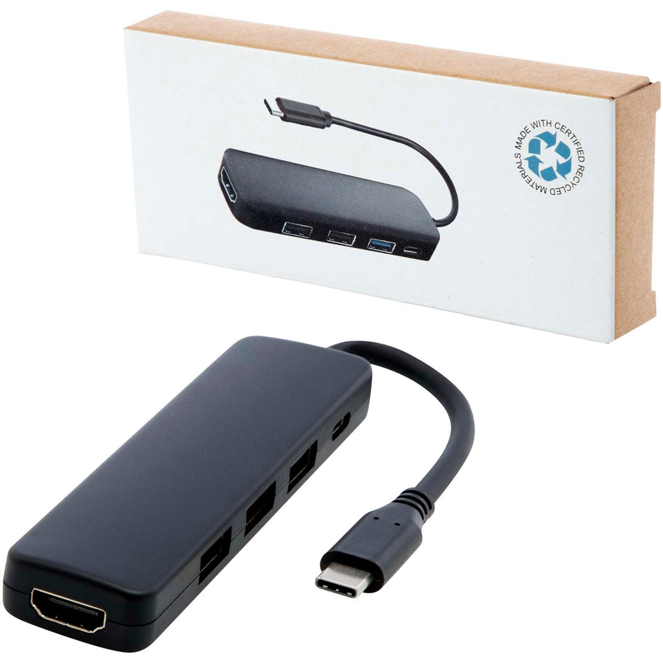 Adattatore multimediale USB 2.0-3.0 con porta HDMI in plastica riciclata certificata RCS Loop personalizzato con logo - Pubblienne