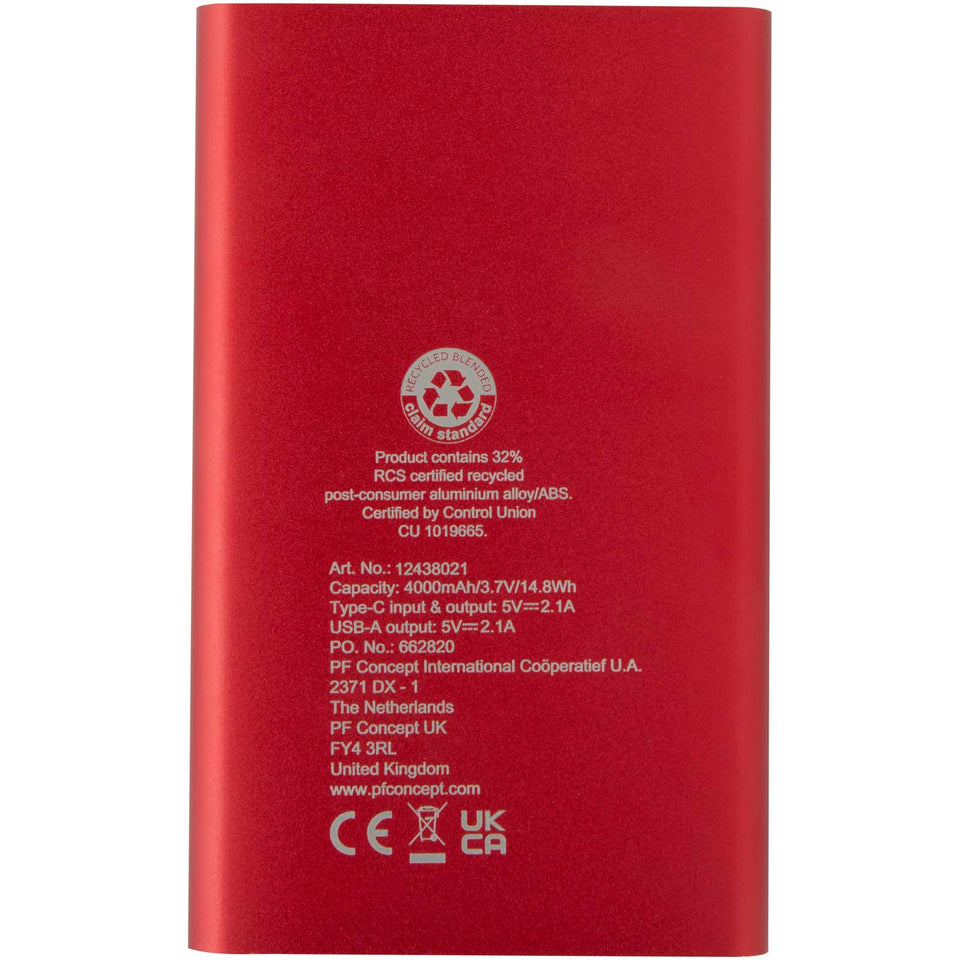 Power bank in alluminio riciclato da 4000 mAh tipo C Pep personalizzato con logo - Pubblienne