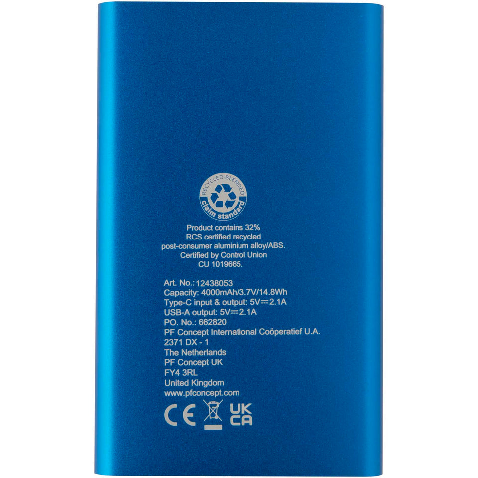 Power bank in alluminio riciclato da 4000 mAh tipo C Pep personalizzato con logo - Pubblienne