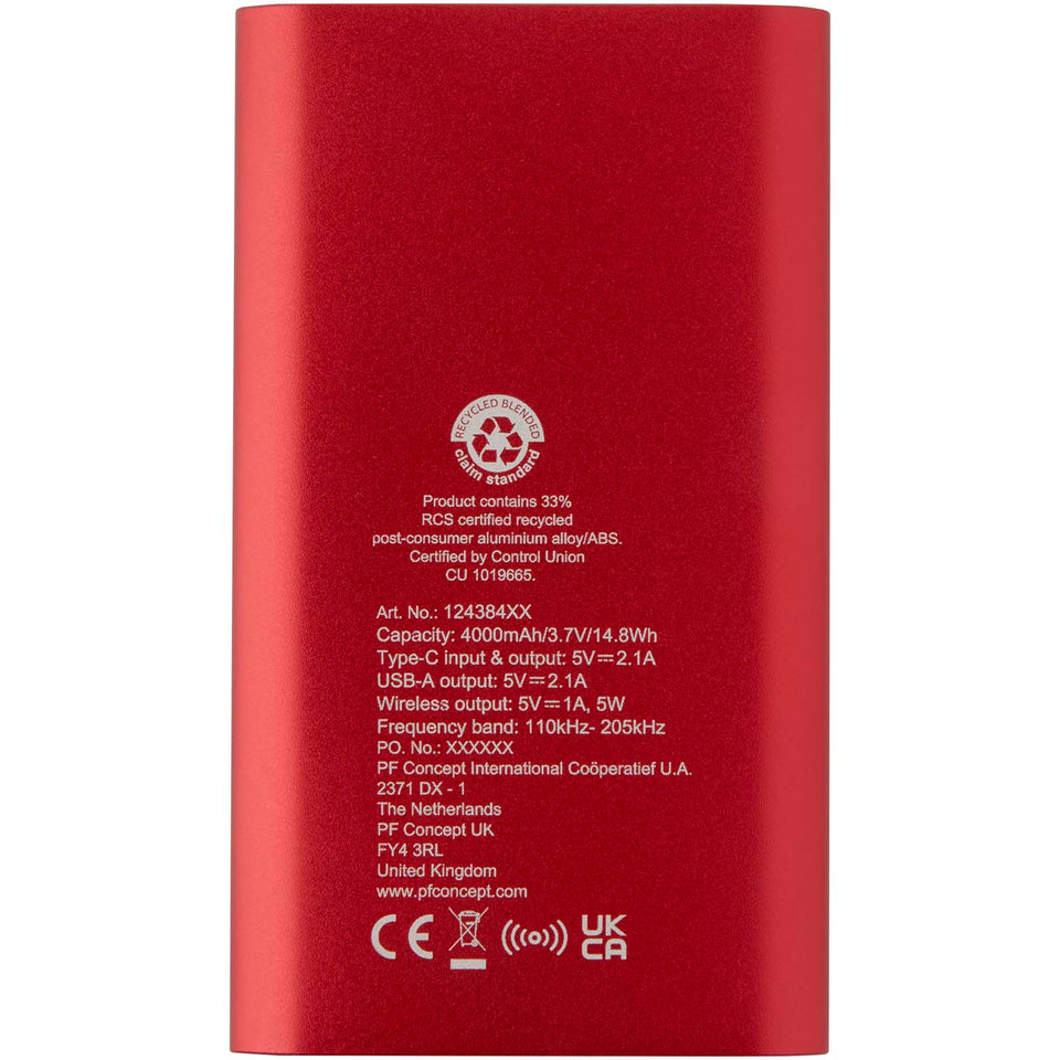 Power bank wireless da 4000 mAh Type C in alluminio riciclato Juice personalizzato con logo - Pubblienne