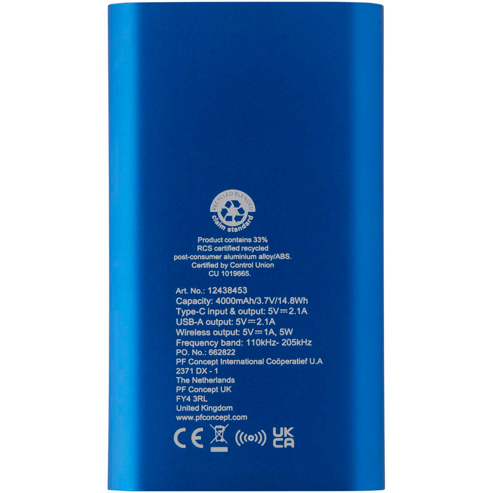 Power bank wireless da 4000 mAh Type C in alluminio riciclato Juice personalizzato con logo - Pubblienne