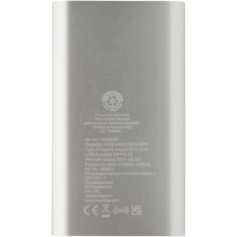 Power bank wireless da 4000 mAh Type C in alluminio riciclato Juice personalizzato con logo - Pubblienne