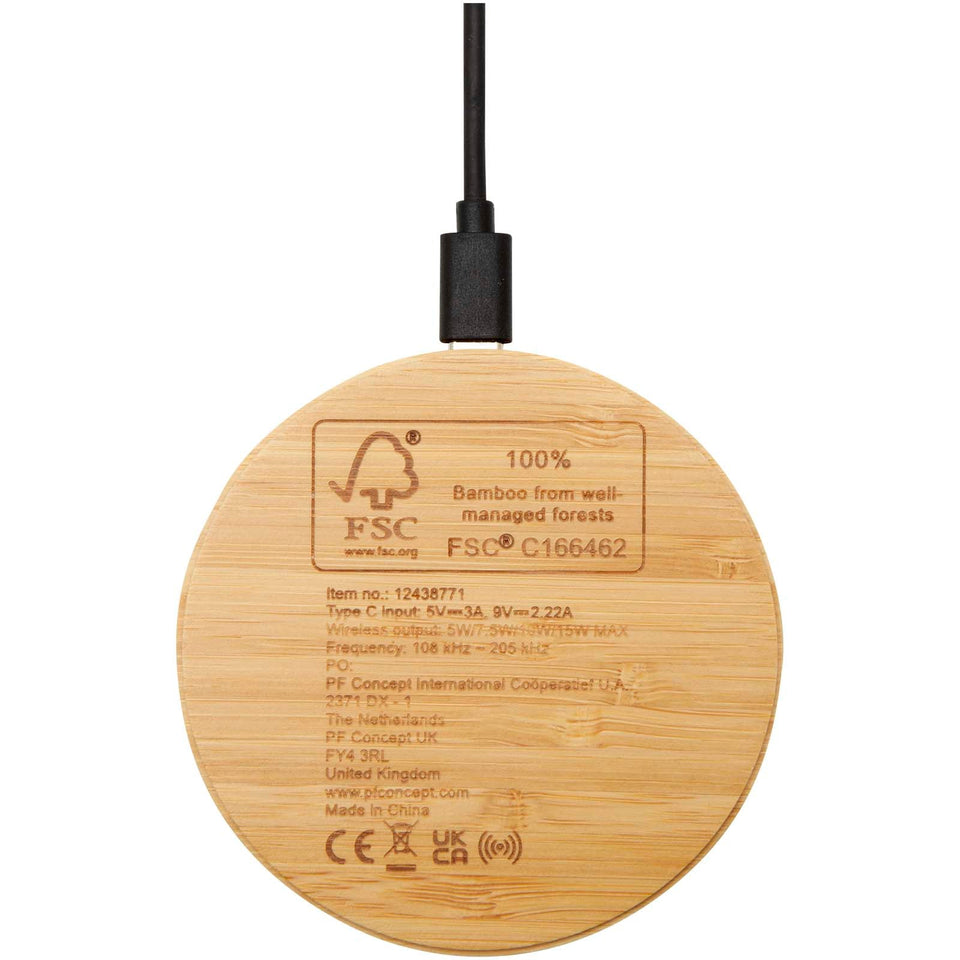 Stazione di ricarica wireless in bambù da 15 W Essence personalizzato con logo - Pubblienne