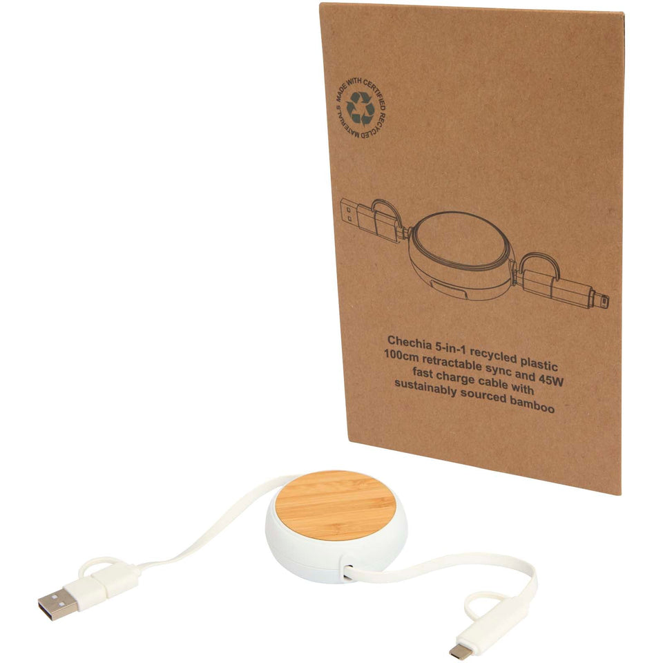Cavo retrattile 5 in 1 in plastica riciclata da 100 cm per la sincronizzazione dei dati e la ricarica rapida da 45 W con dett personalizzato con logo - Pubblienne