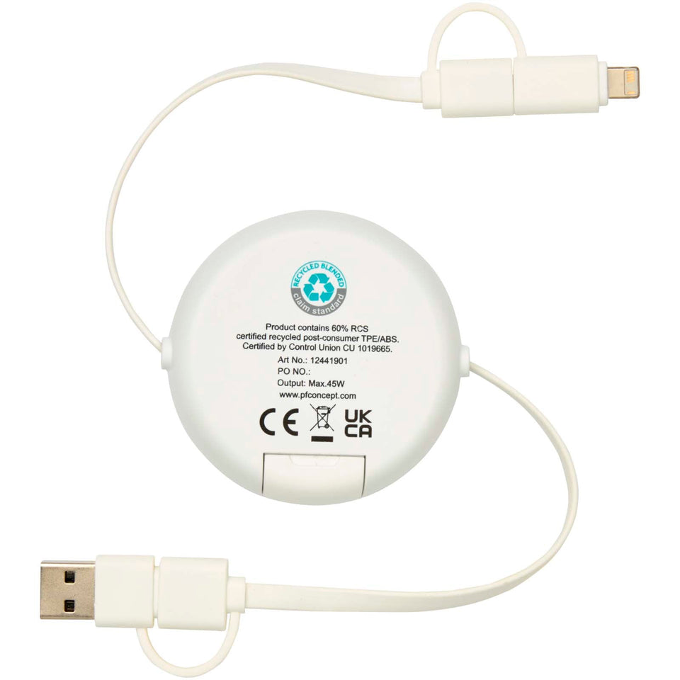 Cavo retrattile 5 in 1 in plastica riciclata da 100 cm per la sincronizzazione dei dati e la ricarica rapida da 45 W con dett personalizzato con logo - Pubblienne