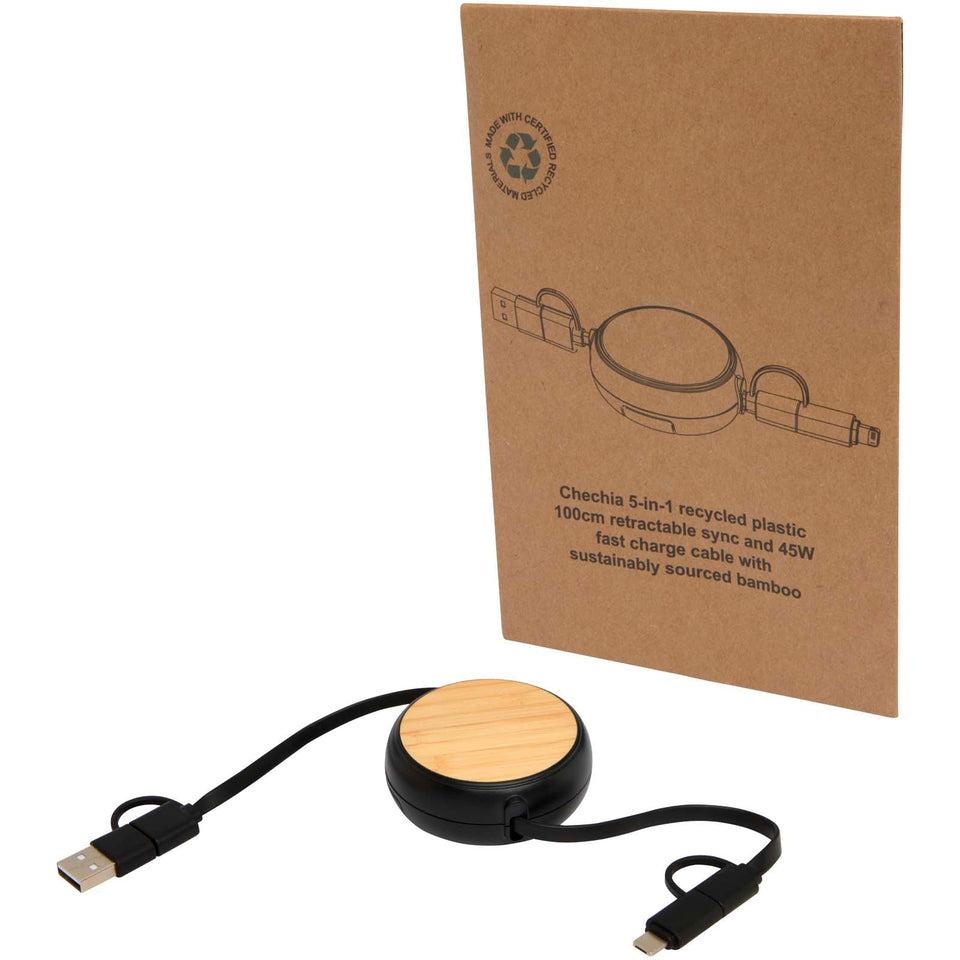 Cavo retrattile 5 in 1 in plastica riciclata da 100 cm per la sincronizzazione dei dati e la ricarica rapida da 45 W con dett personalizzato con logo - Pubblienne
