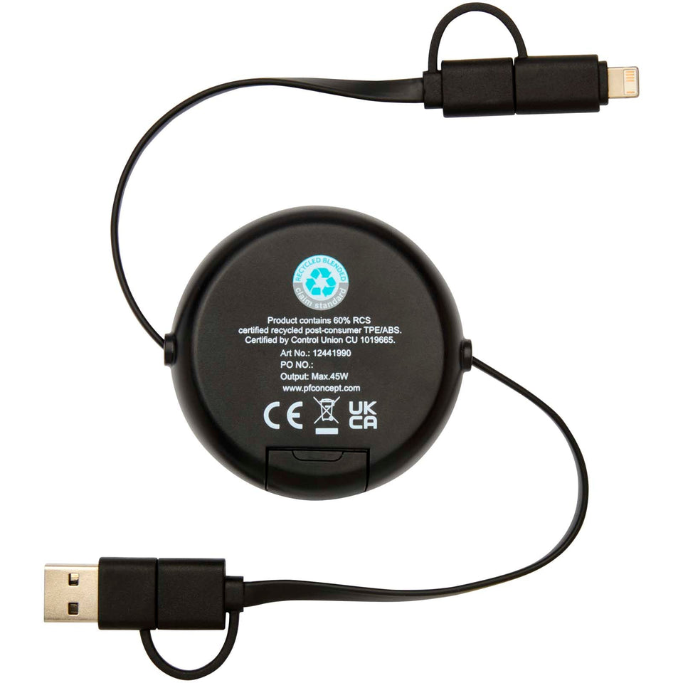 Cavo retrattile 5 in 1 in plastica riciclata da 100 cm per la sincronizzazione dei dati e la ricarica rapida da 45 W con dett personalizzato con logo - Pubblienne