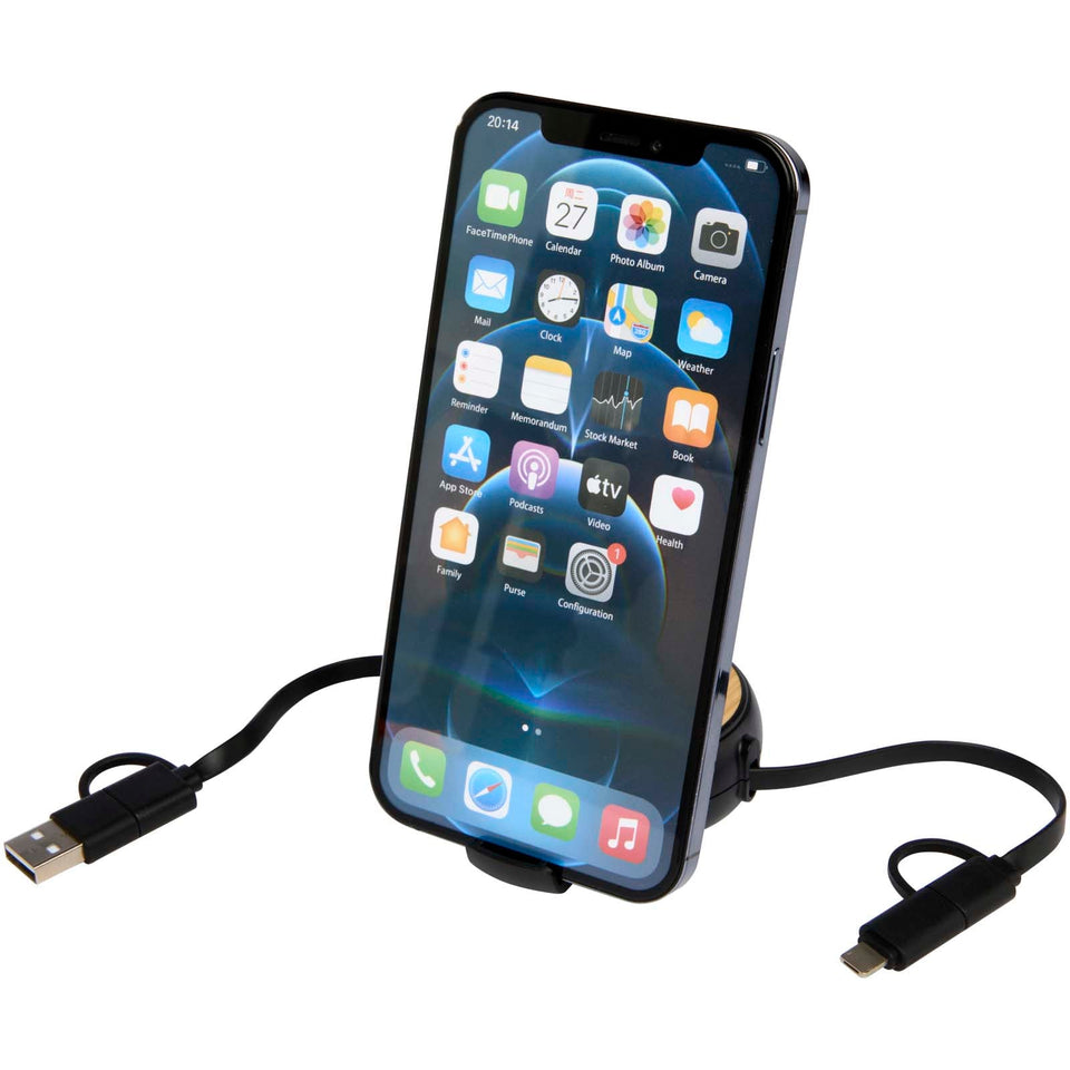 Cavo retrattile 5 in 1 in plastica riciclata da 100 cm per la sincronizzazione dei dati e la ricarica rapida da 45 W con dett personalizzato con logo - Pubblienne