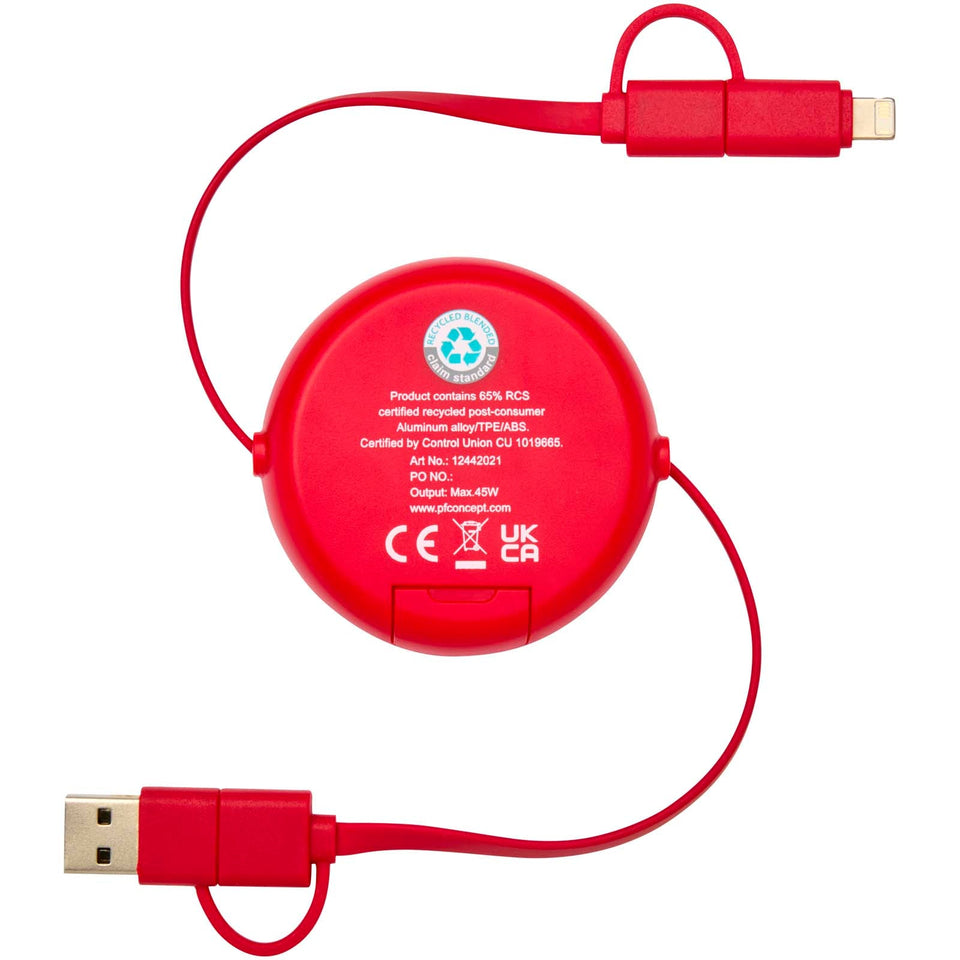 Cavo retrattile 5 in 1 da 100 cm in plastica riciclata e alluminio per la sincronizzazione dei dati e la ricarica rapida da 4 personalizzato con logo - Pubblienne