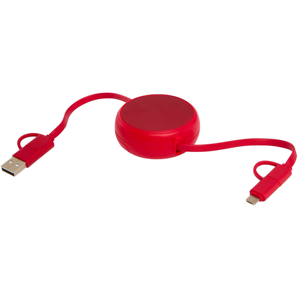 Cavo retrattile 5 in 1 da 100 cm in plastica riciclata e alluminio per la sincronizzazione dei dati e la ricarica rapida da 4 personalizzato con logo - Pubblienne