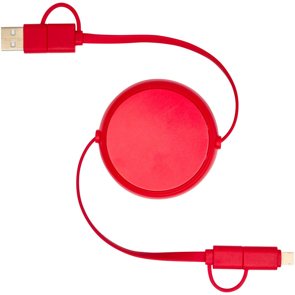 Cavo retrattile 5 in 1 da 100 cm in plastica riciclata e alluminio per la sincronizzazione dei dati e la ricarica rapida da 4 personalizzato con logo - Pubblienne